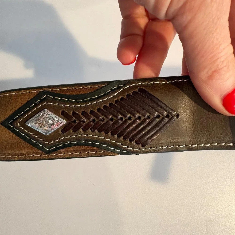 Vintage Style Nocona Brown Leather Western Cowboy Belt Silver Buckle 36